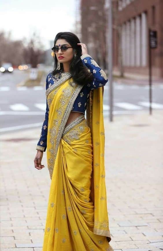 yellow saree contrast blouse